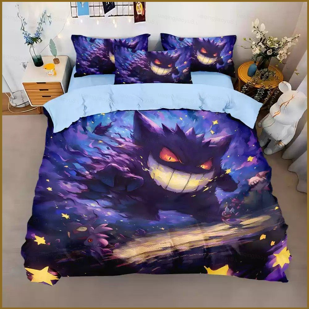 Pokemon Gengar 3IN1 Ga trải giường Vỏ chăn gối Bộ chăn ga gối Phòng ngủ gia đình Bộ đồ Anime có thể 