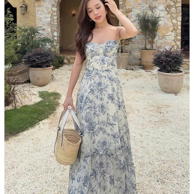 𝗖𝗹𝗼𝘁𝗵𝗲𝘀 𝗕𝗮𝗿 - Merlisa Dress (Quiet Field) | Đầm midi tơ họa tiết hoa thiết kế corset tôn dáng