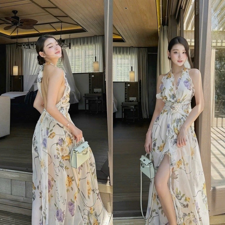 𝐂𝐡𝐚𝐫𝐢𝐭𝐲 𝐃𝐫𝐞𝐬𝐬 - Đầm maxi cổ yếm có đệm mút in hoa, chất liệu tơ cao cấp-𝑪𝑯𝑨𝑼 𝑯𝒀 𝑫𝒆𝒔𝒊𝒈𝒏