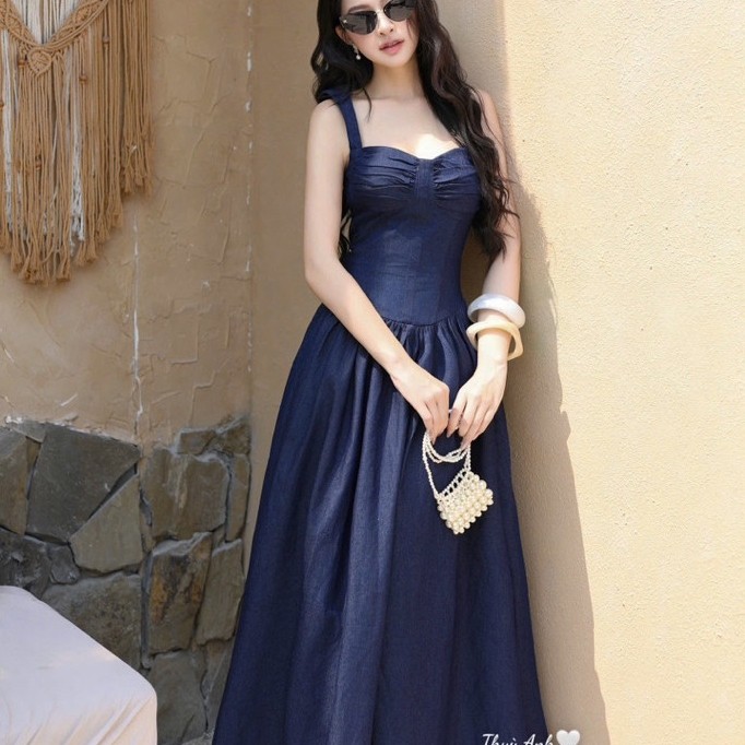 ĐẦM JEAN 2 DÂY MAXI NHÚN BYJOLIE