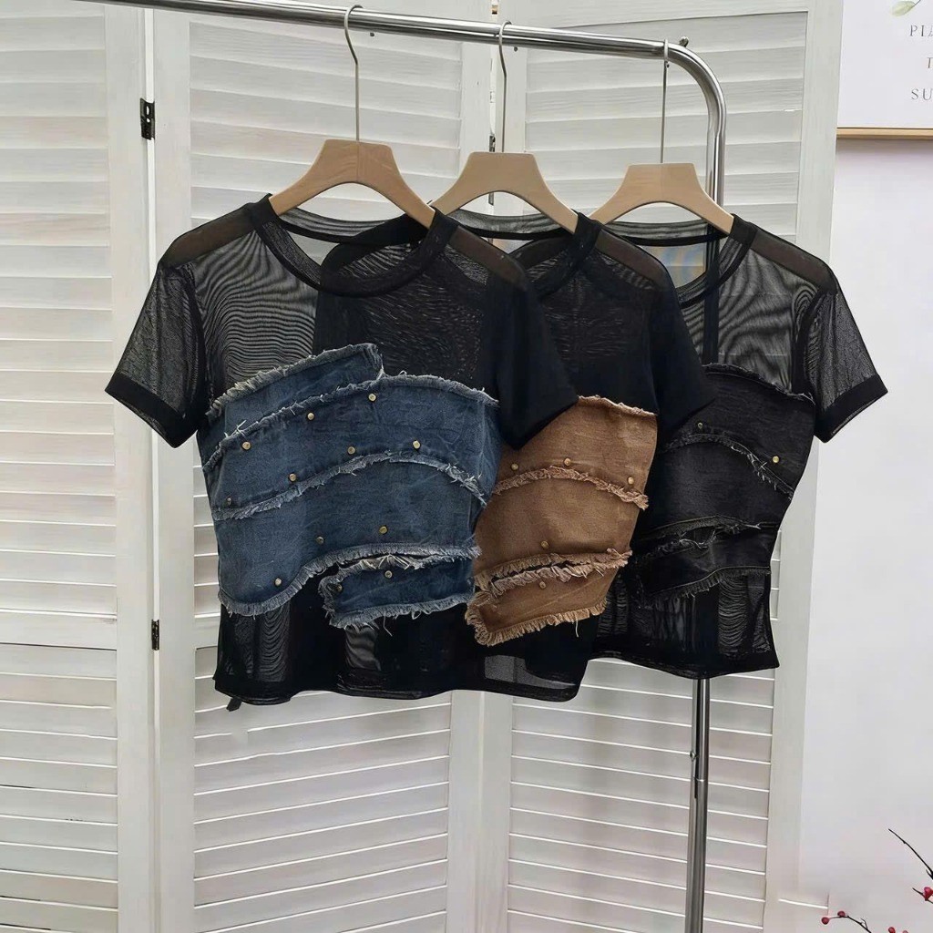 [Follow shop nhận mã 10k] Áo thun lưới mix jean Meo Meo Shop AP1043