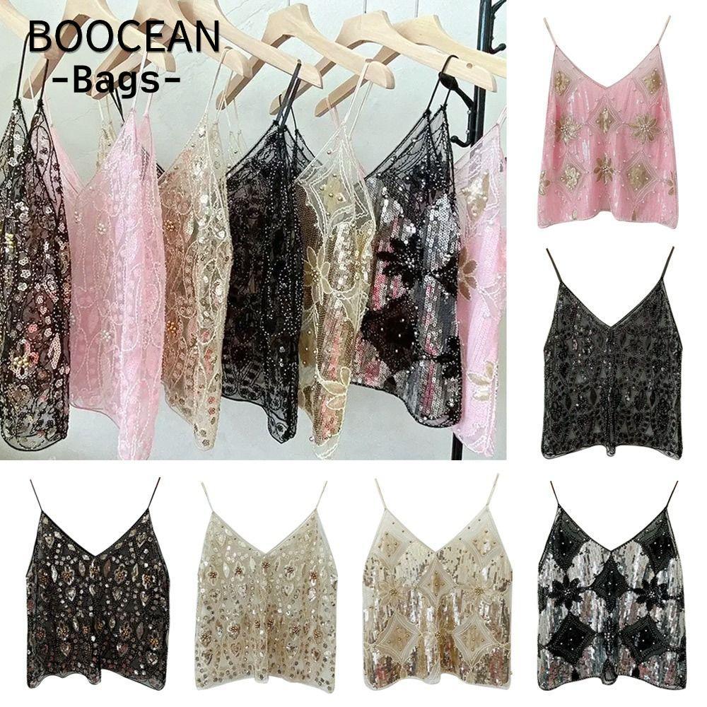 Áo tăng mùa hè BOOCEAN, Áo ngực dây hạt Sequin mỏng, Áo Vest cổ chữ V Bling Bling Bling dành cho nữ