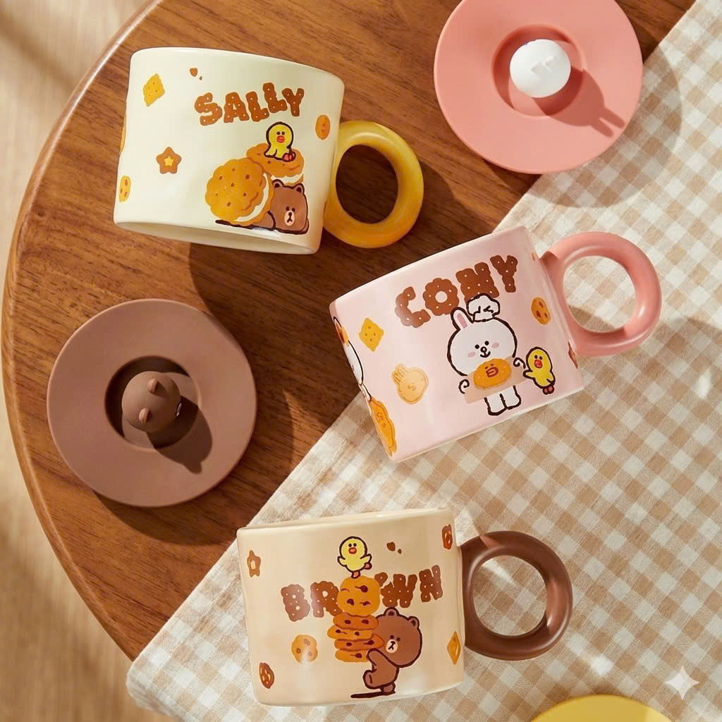 Ly sứ, Cốc sứ, Ly uống nước, Ly có nắp, Ly quà tặng decor hoạ tiết Line Friend xinh yêu - TIỆM SỨ XI