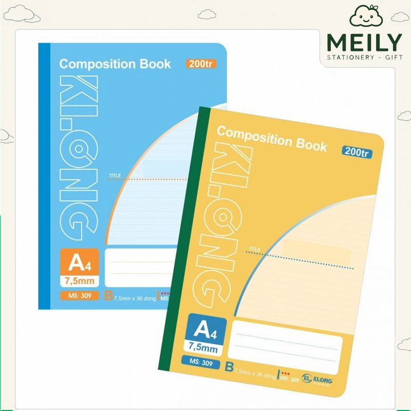 Vở may dán gáy Compostion Book A4 - 200 trang kẻ ngang MEILY, cuốn tấp sổ Klong MS 309
