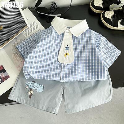Set Bộ Quần Áo Bé Trai Áo Sơ Mi Kẻ Caro Cà Vạt Phối Quần Short Đi Chơi Bảnh Bao MINTSCLOSET TN3756