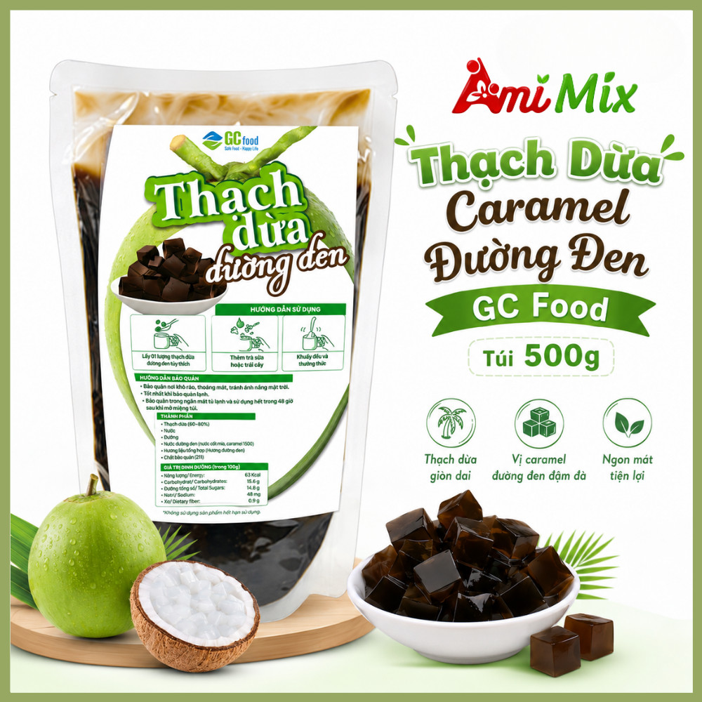 Thạch Dừa Caramel Đường Đen GC Food Túi 500g - Thanh Mát, Tiện Lợi