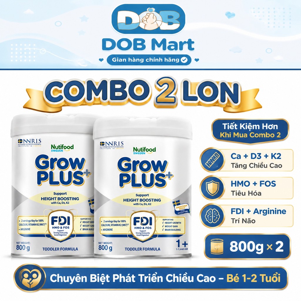 [Combo 2 lon] Sữa Bột Nutifood Sweden Grow PLUS+ Cao lớn vượt trội (Bạc) 800g cho bé từ 1+ DOB