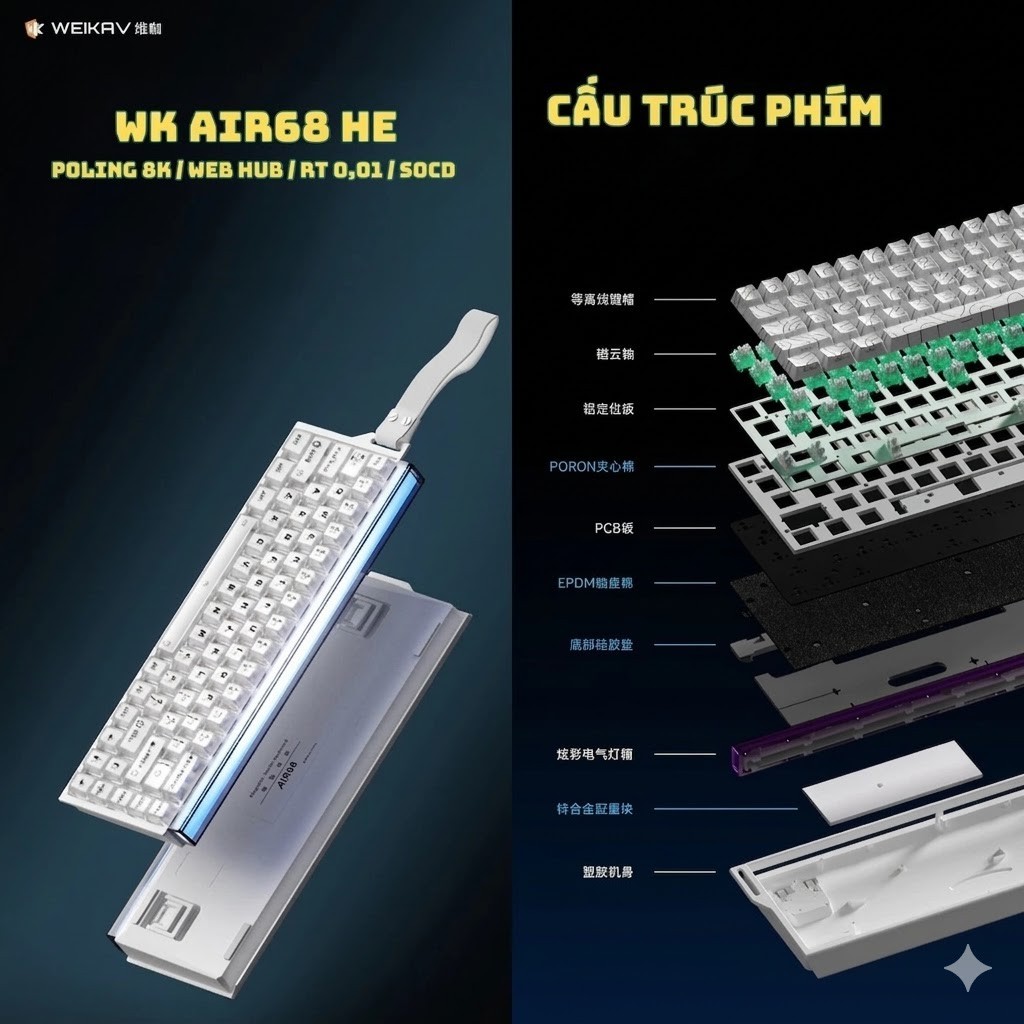 Bàn phím cơ Rapid Trigger Weika Air68 - Tần số 8K HZ - LED RGB - Web Hub - RT 0,01 - Lót full foam - Plate FR4 | BigBuy360 - bigbuy360.vn