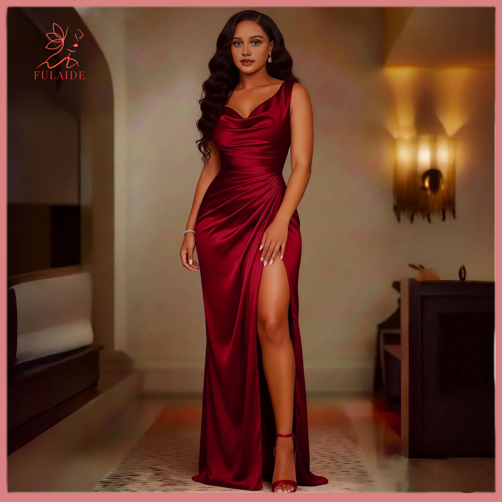 Fulaide Satin Cocktail Đầm Satin Trang Phục Nữ Satin Ruched High Slit Bodycon Maxi Dress – Tiệc Cock