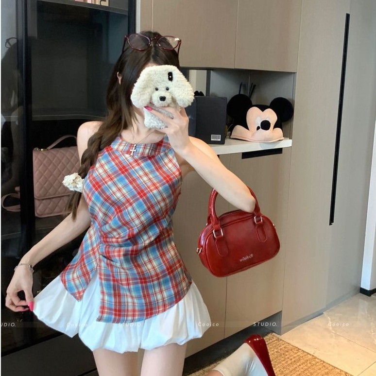 MR [Kiểm tra nhuộm sợi nguyên bản] Sweet Hot Girl Style Retro Checked Halterneck Vest Nữ Thiết kế mù
