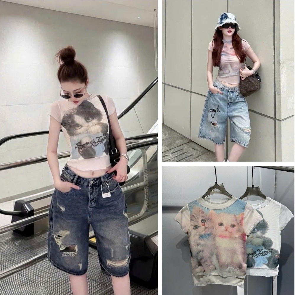 [Follow shop nhận mã 10k] Áo lưới họa tiết mèo Meo Meo Shop AP1024