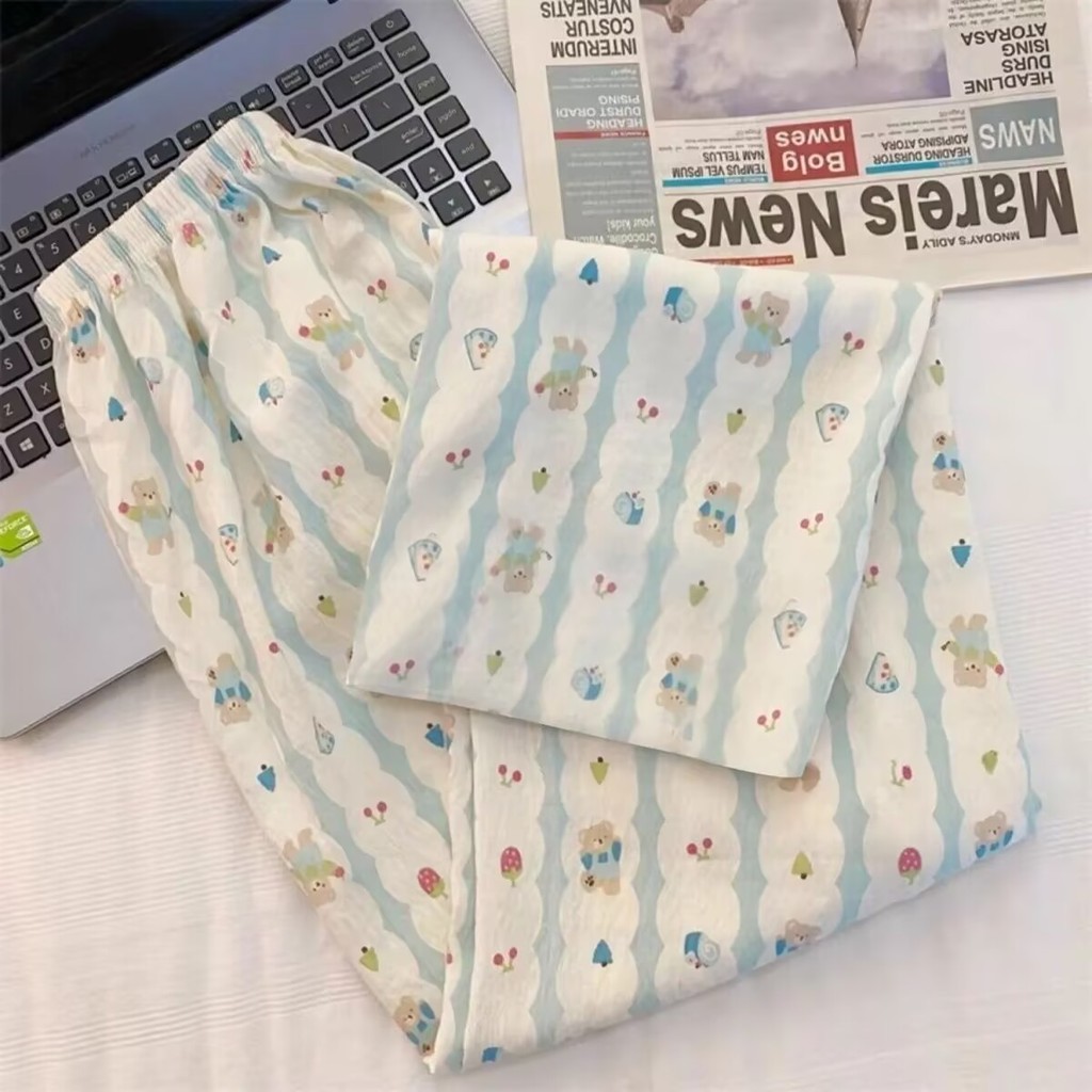Fengyunduo cotton summer pajama pants for women, long pants for walking, mosquito-proof pants, carto