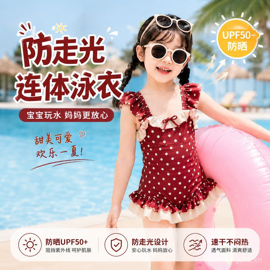 Nóng Phong Cách Mới Mùa Hè Cô Gái Đỏ Retro Ngọt Ngào Phong Cách Công Chúa Chấm Bi Đầm Nơ Nhanh Khô T