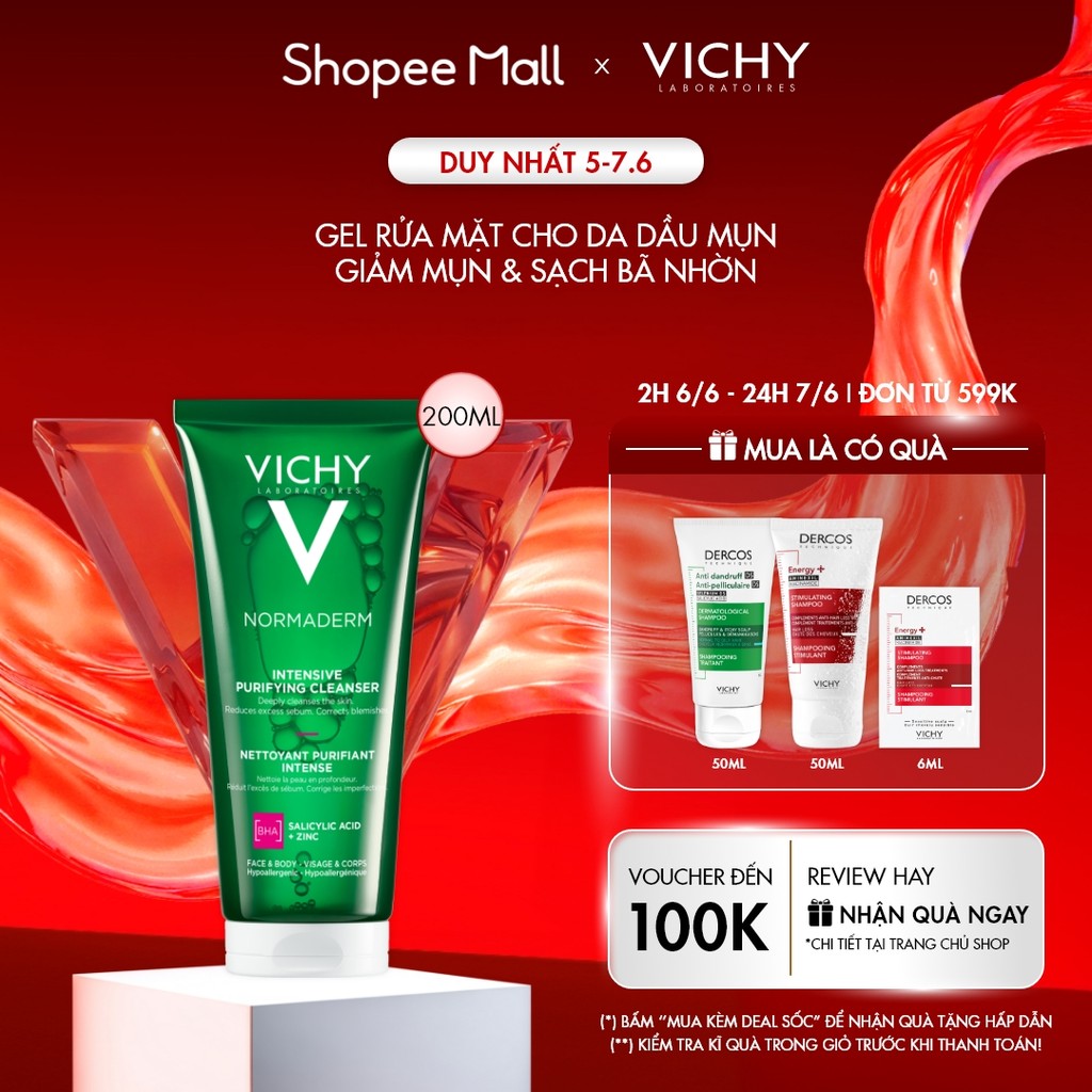 Sữa rửa mặt dạng gel làm sạch sâu giảm bã nhờn Vichy Normaderm Intense Purifying Cleanser 200ml