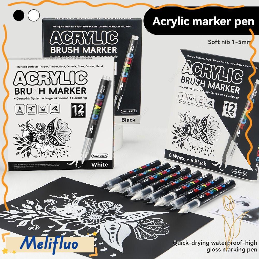 MELIFLUO 12 Cái / hộp Bút đánh dấu Acrylic, Bút đánh dấu nổi bật cao cấp màu đen / trắng khô nhanh, 