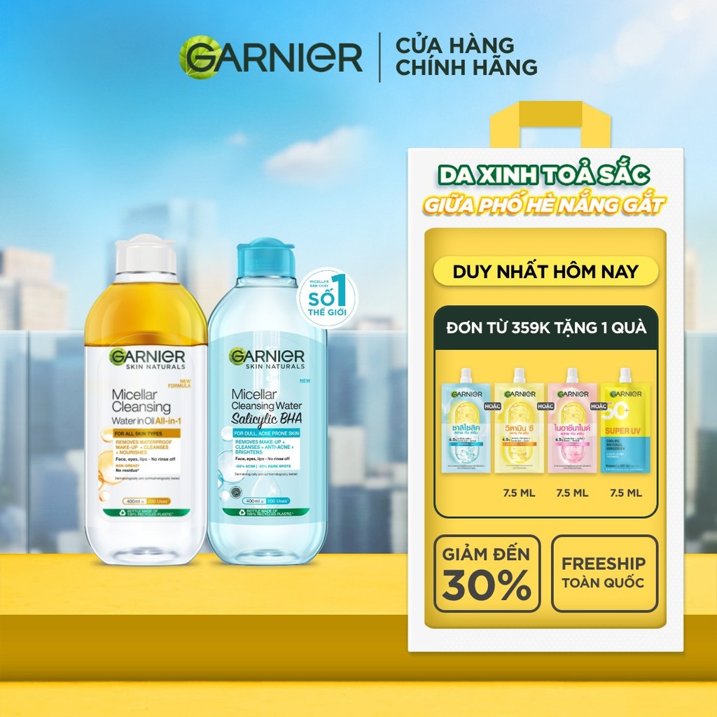 Bộ 2 Nước tẩy trang dành cho da dầu mụn & trang điểm Garnier Micellar Water (400mlX2)