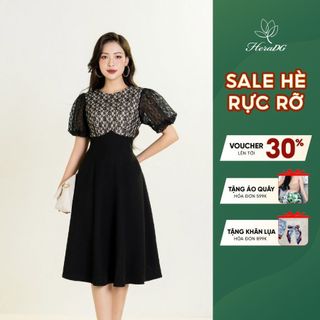 Đầm xòe tay bồng công sở HeraDG thiết kế phối ren tinh tế trên chất liệu Tuytsi cao cấp SDPBC6066