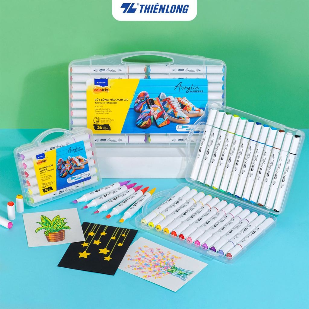 Bút sơn/ Bút lông màu Acrylic Markers 2 đầu ngòi Thiên Long Colokit 12/24/36 Màu sắc tươi sáng, Tran