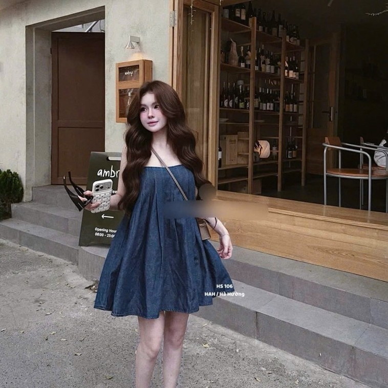 ĐẦM JEAN XANH 2 DÂY FORM SUÔNG  BYJOLIE