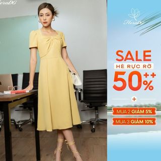 Đầm nữ dáng xòe HeraDG tay cộc có nơ ngực chất tuytsi cao cấp SDPBB3035-S