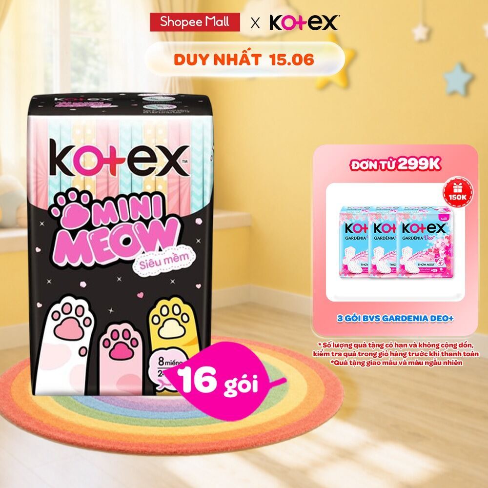 Combo 16 Băng vệ sinh Kotex MiniMeow Siêu mềm siêu mỏng cánh 8 miếng