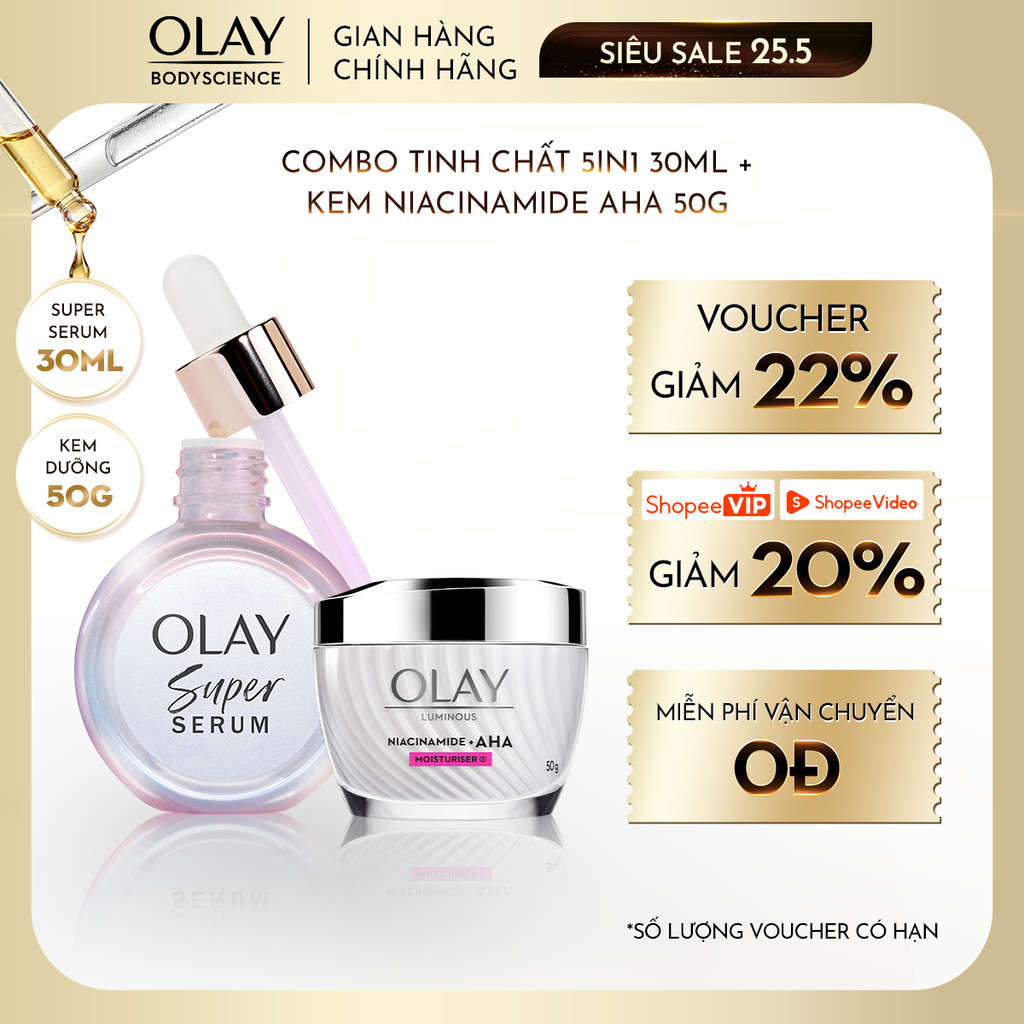 Combo Super Serum OLAY 5IN1 Chai 30ml + Kem Dưỡng Sáng Da OLAY Luminous Niacinamide Kết Hợp AHA 50G