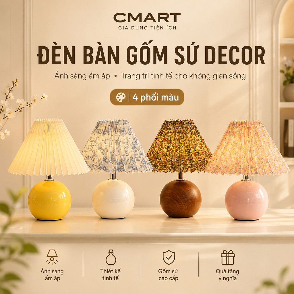 𝐂𝐌𝐀𝐑𝐓.𝐆𝐢𝐚 𝐝𝐮̣𝐧𝐠 Đèn Ngủ Để Bàn Thân Tròn Lồng Xếp Ly Phong Cách Bắc Âu CM12 [CMART GIA DỤNG TIỆN ÍCH]