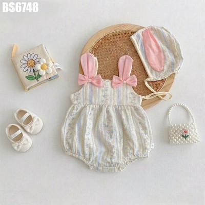 Set Body Đùi Sơ Sinh Bé Gái Hai Dây Đính Nơ Tai Thỏ Mũ Che Thóp Họa Tiết Hoa Nhí MINTSCLOSET BS6748