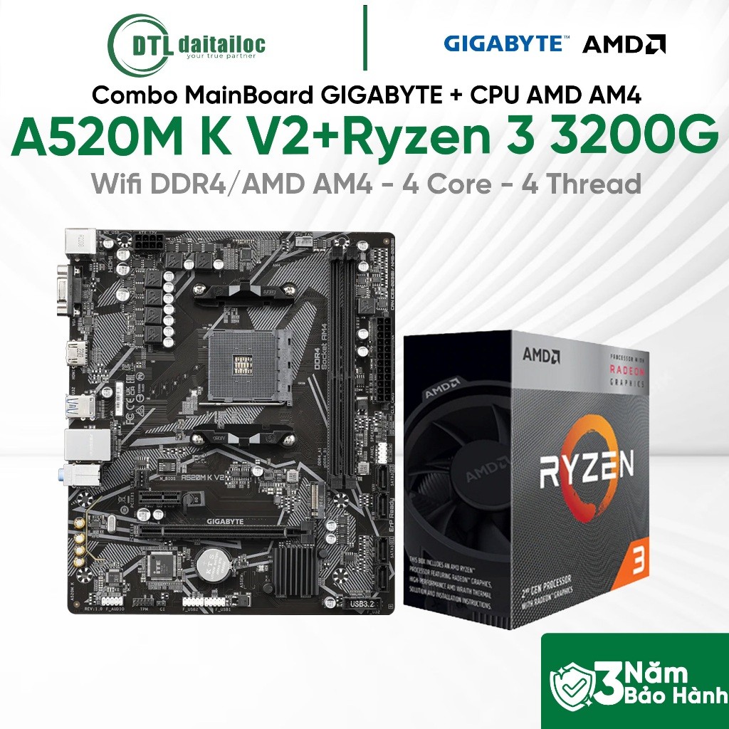 Combo MainBoard GIGABYTE A520M K V2 ( AMD AM4) + CPU AMD AM4 Ryzen 3 3200G | Chính Hãng | Bảo Hành 3
