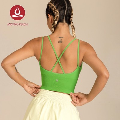 MOVING PEACH Áo ngực thể thao nữ có gân liền mạch Dây đeo đôi Yoga Top Áo ngực cố định Cốc Crisscross Thiết kế lưng Crop Top Gym Pilates Dance Trang phục hàng ngày CBE (mới)
