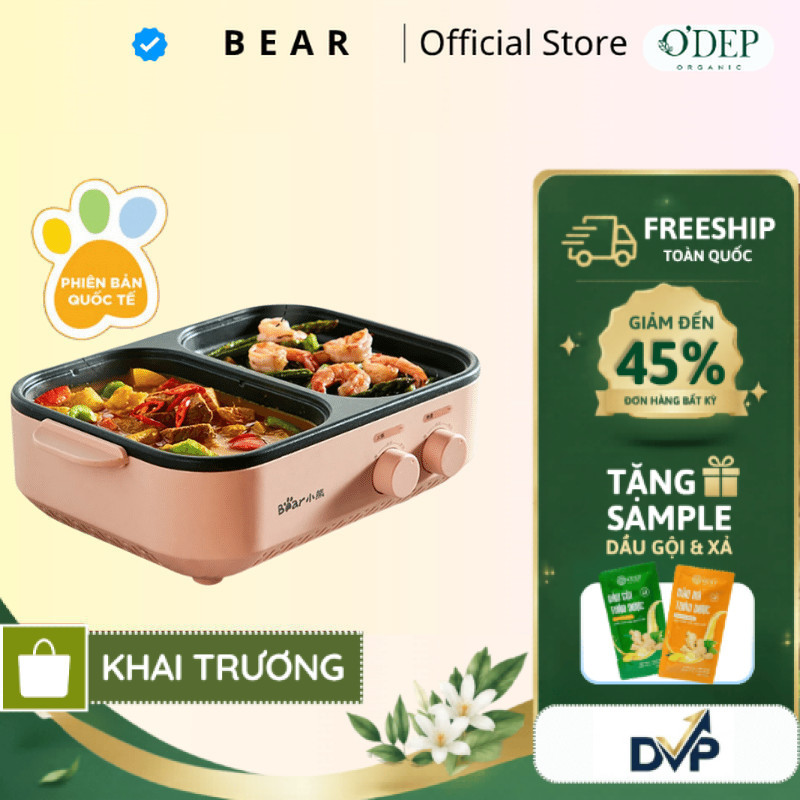 Bếp Lẩu Nướng Điện 2 Ngăn Đa Năng Mini 2 trong 1 Bear DKL-C12D1 - Hàng chính hãng - SHOP DVP