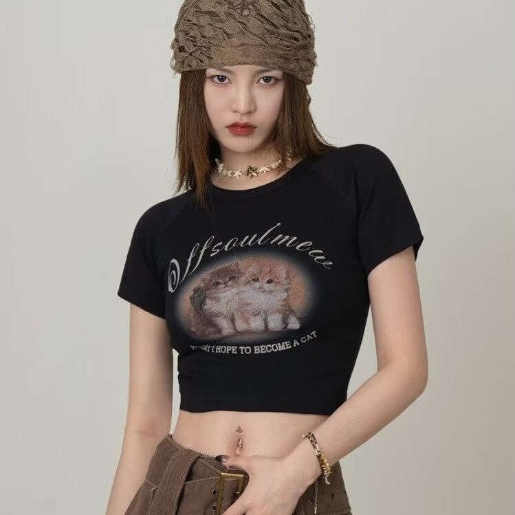 OFFSOUL / American Retro Cat abg Hot Girl Ngắn Tay Áo Thun Nữ 2025 Xuân Hè Ngọt Ngào Mát jazz Top