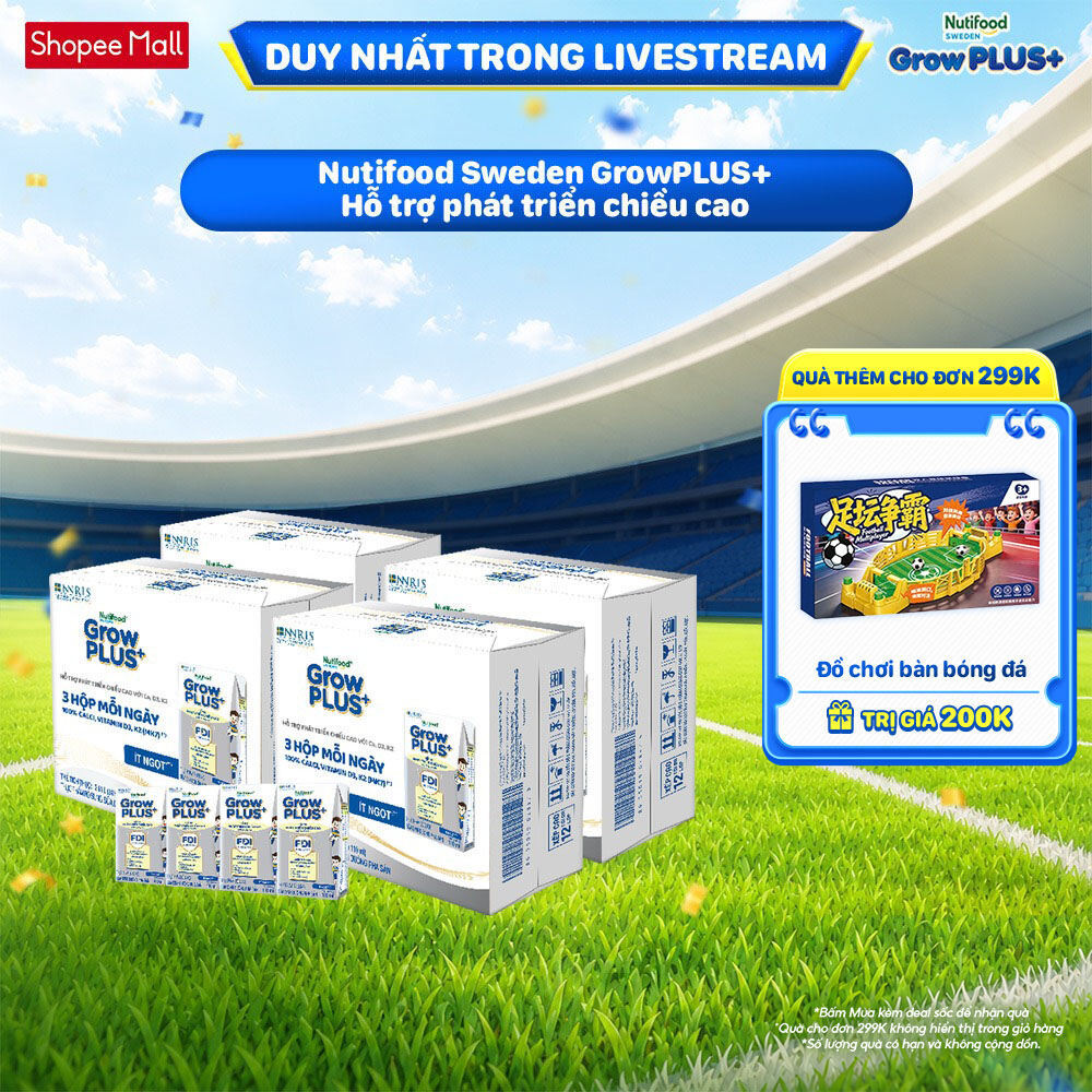 Combo 4 Thùng 24 hộp Sữa Bột Pha Sẵn Nutifood Sweden GrowPLUS+ Cao lớn vượt trội hộp 110 ml