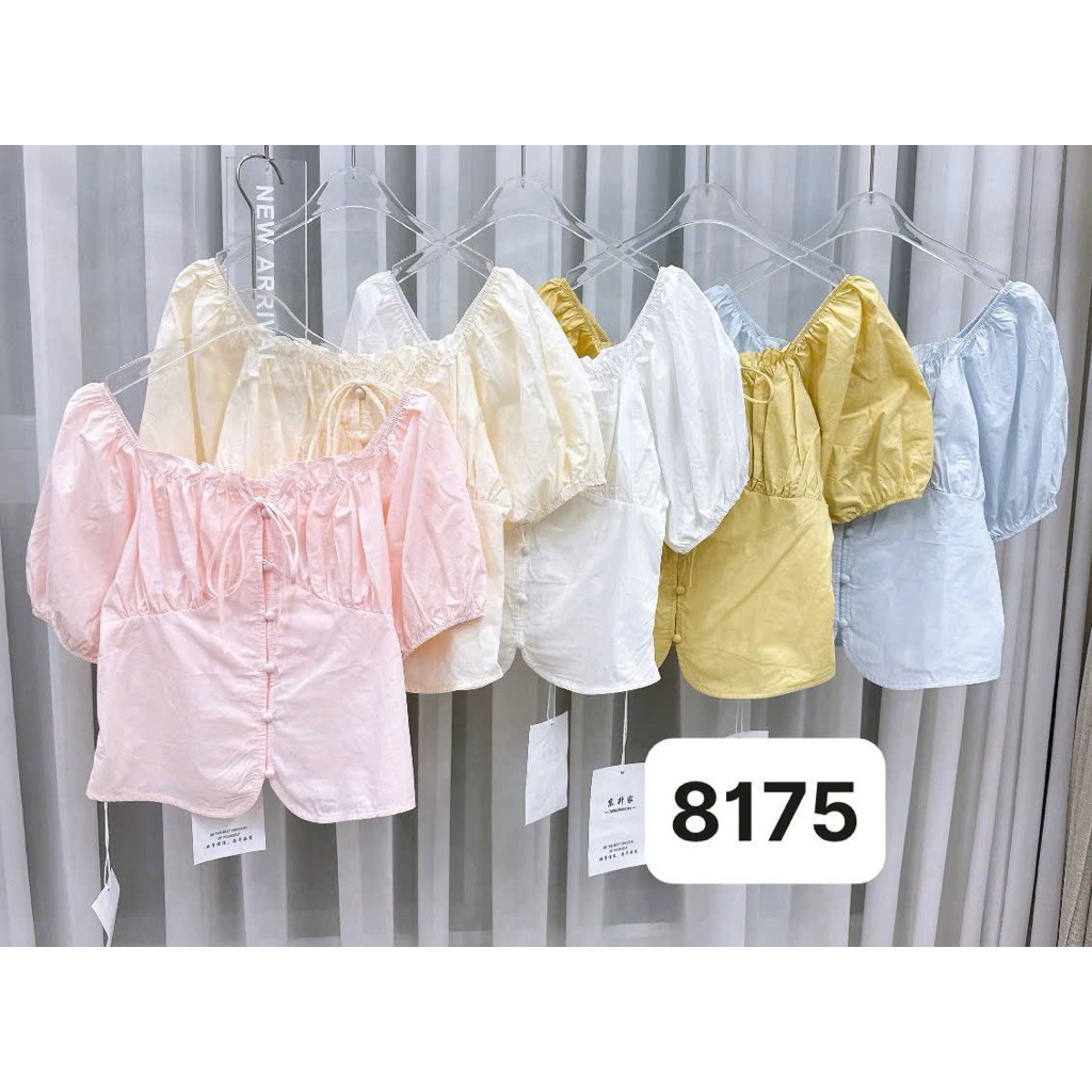 JANG STORE [HÀNG QC]Áo kiểu cổ vuông trễ vai tay bồng cúc bọc hàng quảng châu cực xinh Mã 8175 jang 