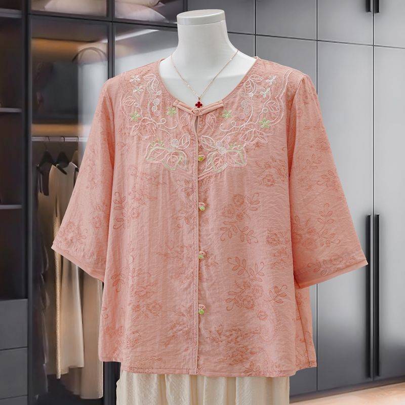 Women's Embroidered Shirt Summer Tops for Moms Belly-Covering and Youthful-Looking Tops for Moms Sum