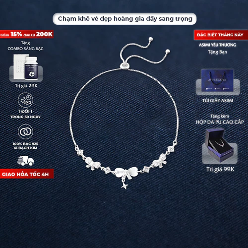 Lắc tay bạc nữ mạ vàng Nơ Hoàng Gia Asimi Royal Grace LT48