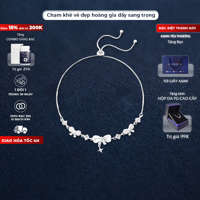 Lắc tay bạc nữ mạ vàng Nơ Hoàng Gia Asimi Royal Grace LT48 1
