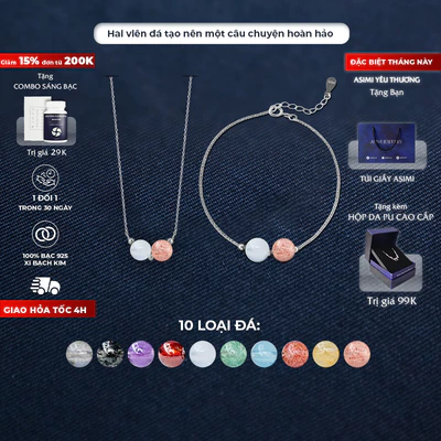 Combo Lắc tay & Dây chuyền bạc Ý Đôi Đá Năng Lượng Asimi Duo Gem Soul LT55DC75