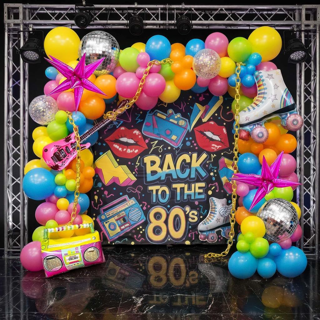 80S Chủ Đề Âm Nhạc Bóng Vòng Hoa Vòm Bộ 150 Chiếc Nóng Hồng Xanh Xanh Dương Với Đàn guitar Bóng disc