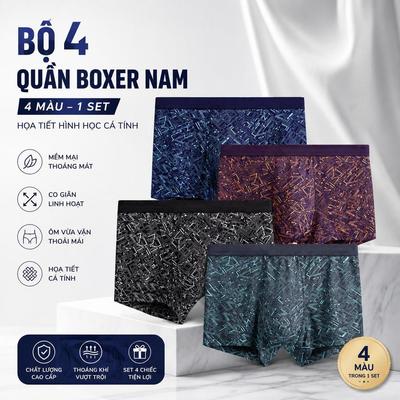 Quần boxer nam, Quần lót nam cao cấp, set 4 chiếc tiện lợi, 4 màu cá tính, vải mềm thoáng khí, co giãn thoải mái