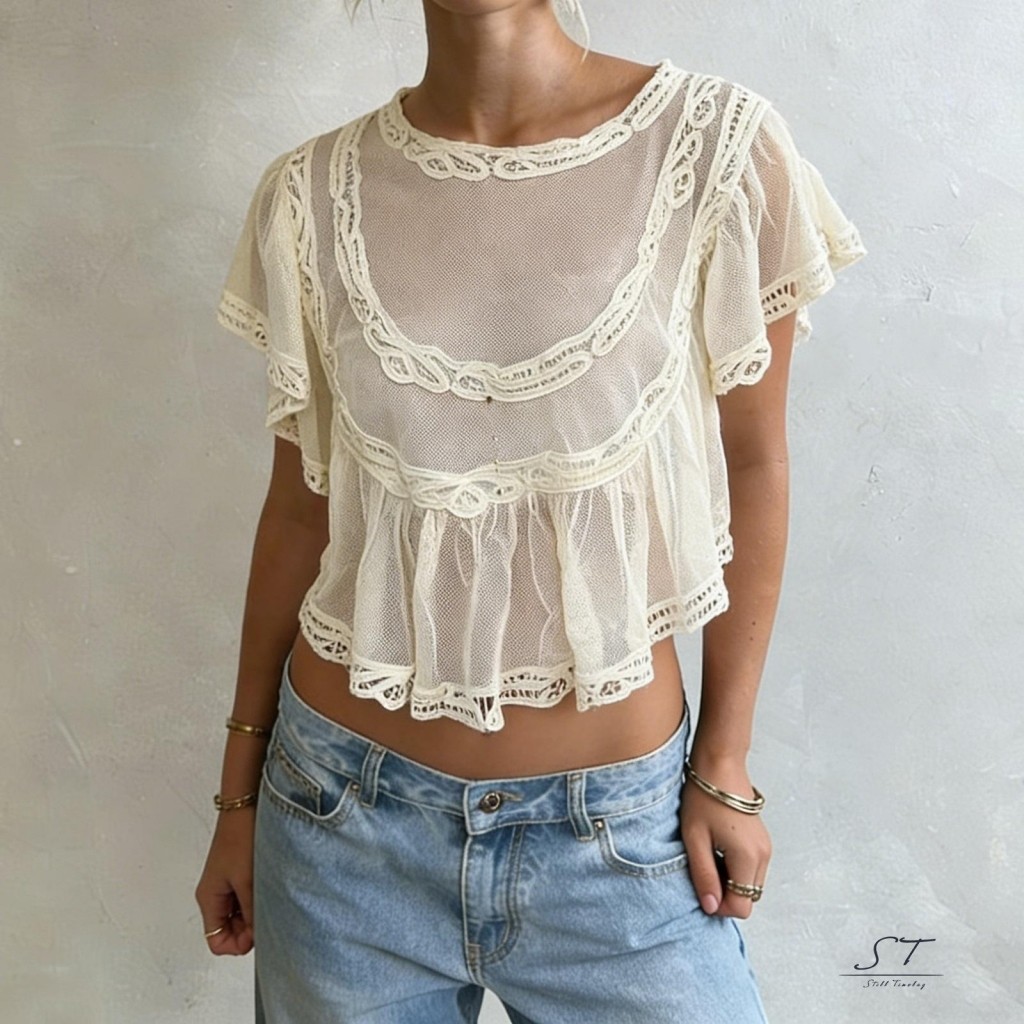 CY03-Nữ Sheer Lưới Cắt Che Vai Guipure Ren Batwing Nửa Tay Áo