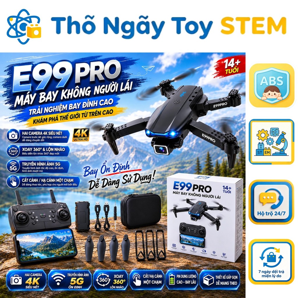 Flycam E99 PRO 4K Chuyên nghiệp - Camera kép, tránh vật cản 3D, gập gọn