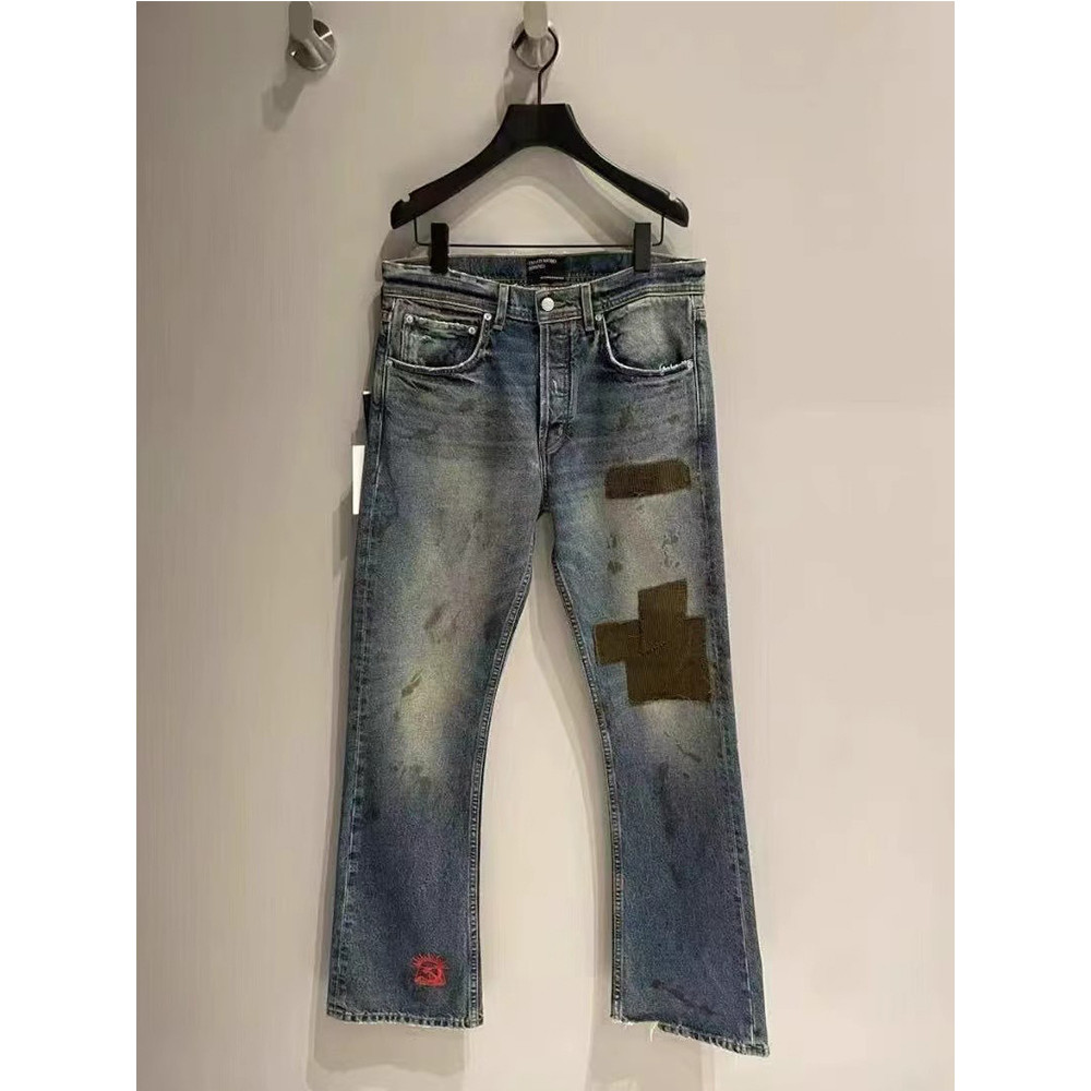 ERD Hesitant Fu Thế Hệ Thứ Hai Miếng Dán Phá Hủy Phong Cách Bắn Mực Thêu Quần Jean Nam cleanfit Rửa 