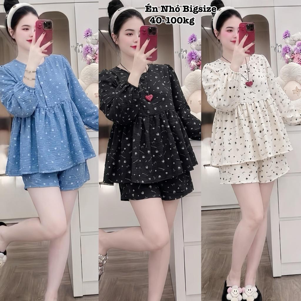 Set Bộ Nữ Bigsize Nữ Áo Tay Dài Bèo Tiểu Thư Babydoll Quần Đùi Form Rộng Che Dáng in Họa Tiết Thoải 