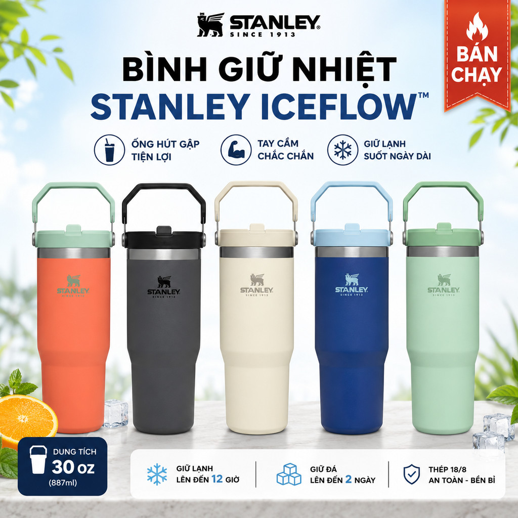 [Có sẵn] Stanley IceFlow Flip Straw tumbler 30OZ - Stainless Steel,BPA Free