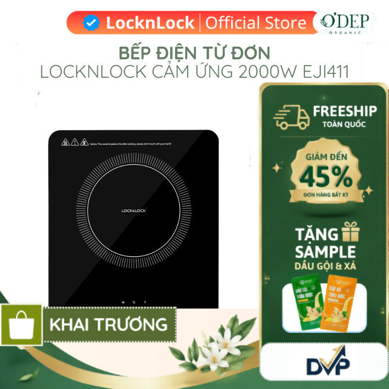 Bếp điện từ đơn LocknLock cảm ứng, 8 mức nhiệt, công suất cao 2000W nấu nhanh tiết kiệm điện EJI411 