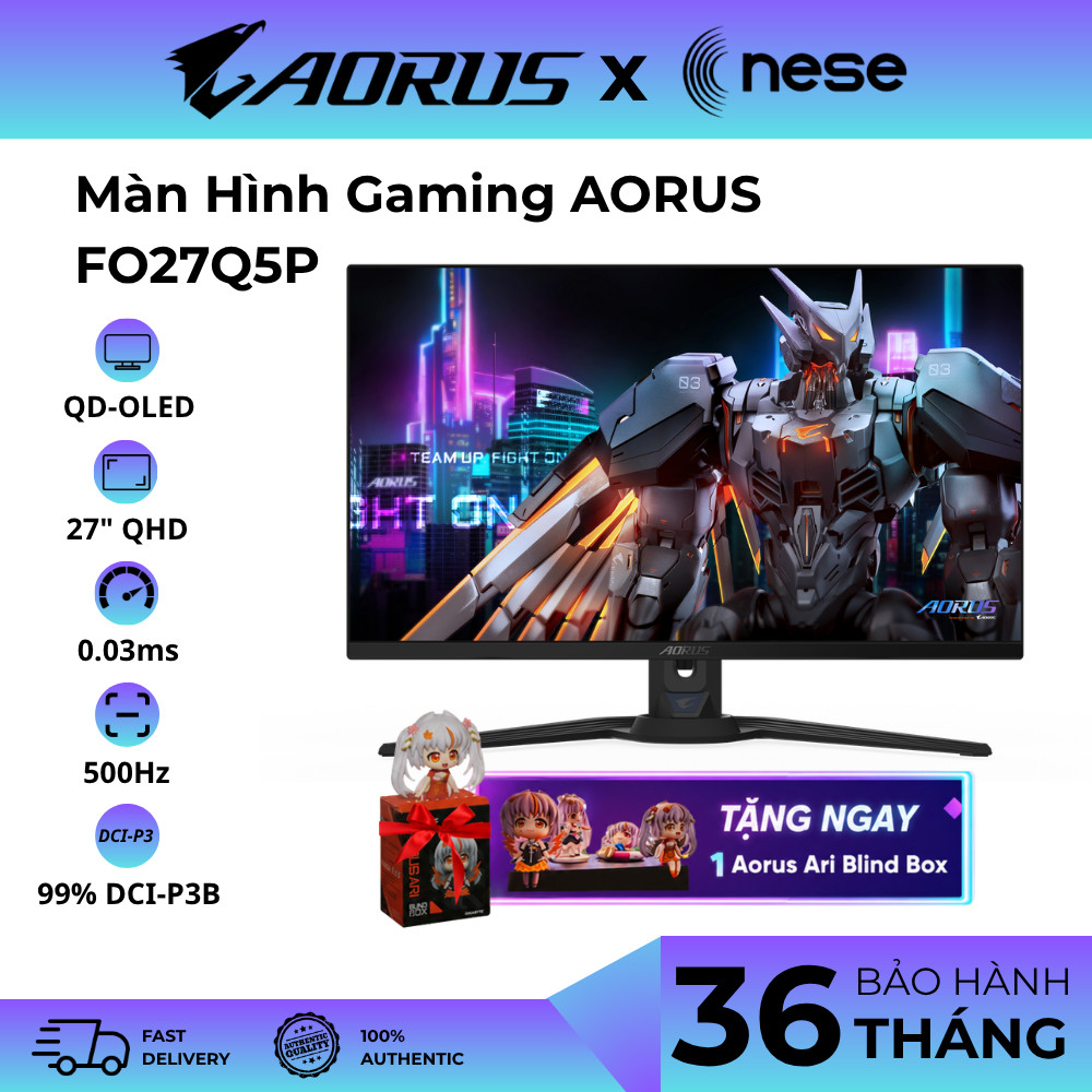 Màn Hình Gaming AORUS FO27Q5P 27" QD-OLED QHD 500Hz 0.03ms 99% DCI-P3 300nits|mini DP 2.1 USB-C|Loa 