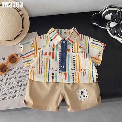 Set Bộ Quần Áo Bé Trai Sơ Mi Họa Tiết Sọc Màu Phối Quần Short Beige Cá Tính MINTSCLOSET TN3763