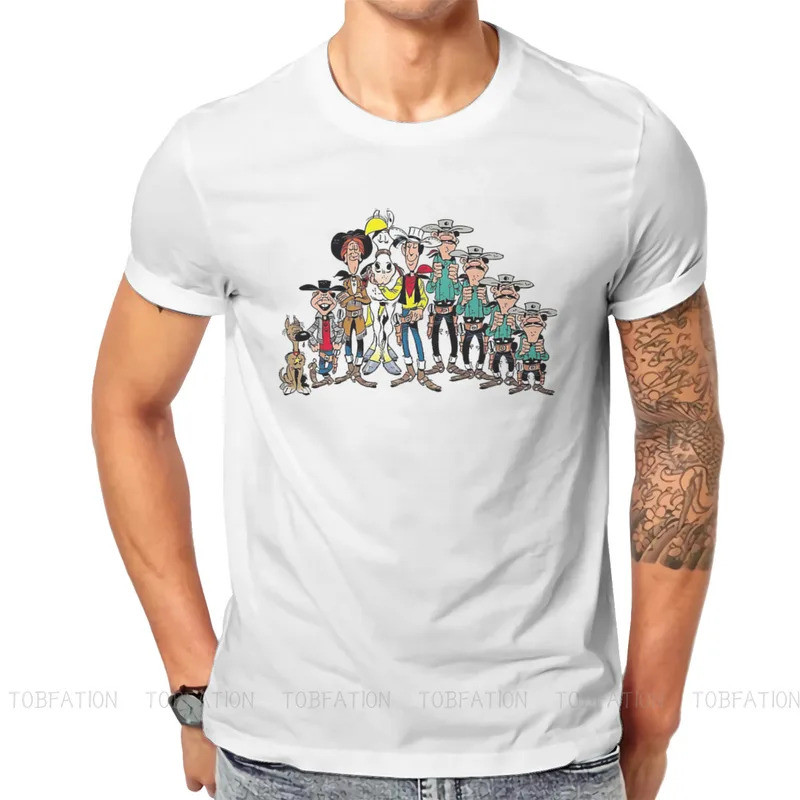 Áo thun cổ tròn Cotton Lucky Luke có chữ Gothic và cổ điển phong cách hoạt hình dành cho nam giới.