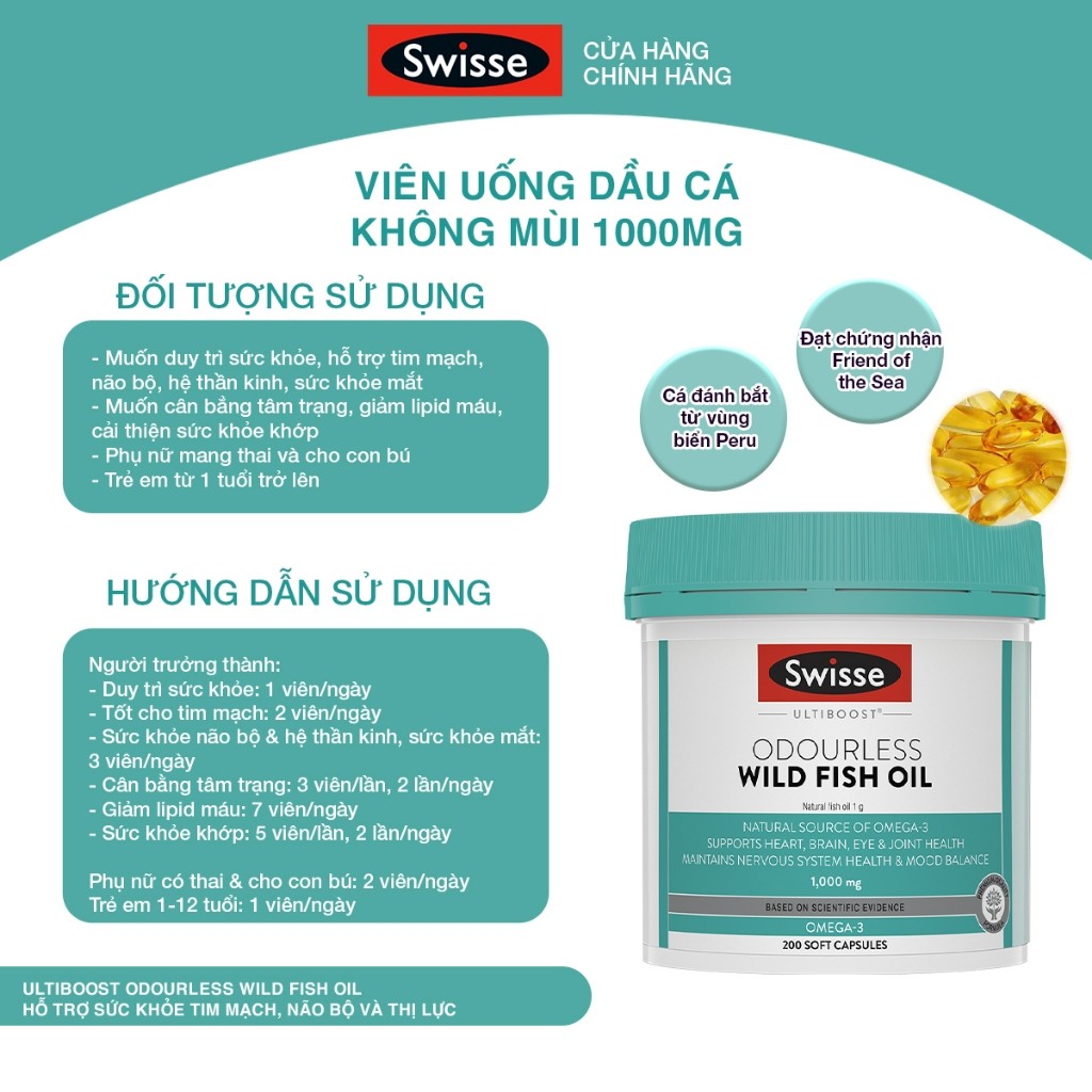 Viên dầu cá Swisse Ultiboost Odourless Wild Fish Oil 1000mg